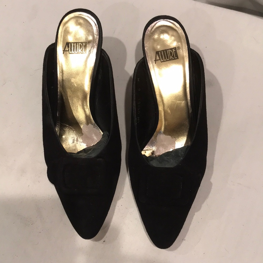 Allure, Black suede slip on with one and a half inch squat heel